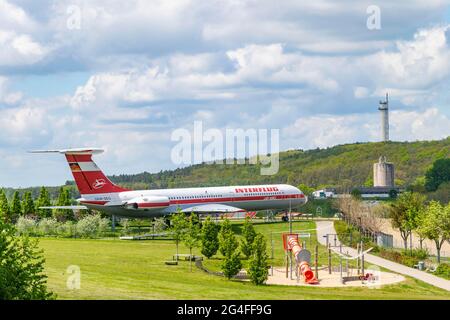 Velivolo storico Lady Agnes, Ilyushin il 62 della compagnia aerea GDR Interflug, otto Lilienthal Centre, Stoelln, Gollenberg, Havelland, Brandeburgo Foto Stock