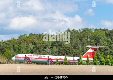 Velivolo storico Lady Agnes, Ilyushin il 62 della compagnia aerea GDR Interflug, otto Lilienthal Centre, Stoelln, Gollenberg, Havelland, Brandeburgo Foto Stock