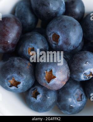 Primo piano di mirtilli biologici appena lavati Foto Stock