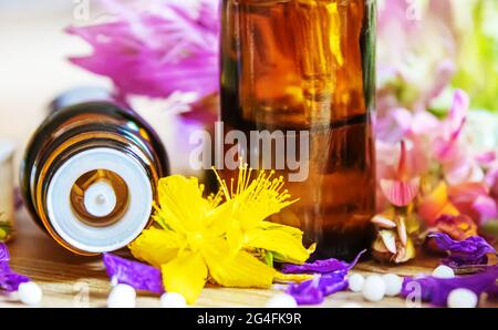 erbe medicinali, oli in piccole bottiglie omeopatia selettiva focus.natura Foto Stock