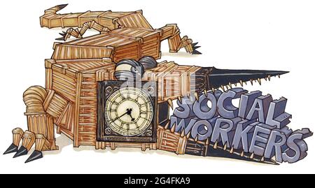 Illustrazione d'arte che mostra parlamento Camere di Westminster come un coccodrillo mangiare la parola lavoratori sociali concetto: Governo controllo sociale lavoro riforma Foto Stock
