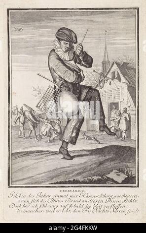. Il mese di febbraio. Un giovane in primo piano che celebra il carnevale. È vestito e gioca il Rommelpot. Tutti i tipi di altri strumenti alla sua cintura. Sullo sfondo altre figure di carnevale ad una locanda. La stampa ha una didascalia tedesca di quattro regole in febbraio. Foto Stock