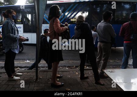 Nel mezzo della minaccia di un aumento dei casi di Covid-19 nella regione capitale speciale di Giacarta, un certo numero di lavoratori si è accodato a salire a bordo dell'autobus Trans Jakarta per recarsi nei rispettivi uffici al di fuori della stazione ferroviaria di Manggarai, Giacarta meridionale, Indonesia, lunedì 21 giugno; 2021. I decessi dovuti al Covid-19 a Giacarta sono aumentati di nuovo. Ai cittadini della regione capitale speciale di Giacarta viene chiesto di continuare ad aumentare la loro vigilanza contro il tasso di aggiunta dei casi di Covid-19. Ora i casi totali in Indonesia hanno raggiunto 2 milioni di casi, con la regione capitale speciale di Giacarta che è Foto Stock