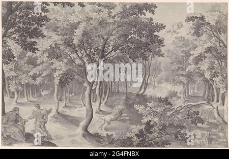 . La quinta visione di Ezra. In una foresta, un leone ruggisce verso il cielo, dove un'aquila ardente si divora con tre tazze. A sinistra in primo piano spiega un angelo al profeta Ezra (2 Ezra). Foto Stock