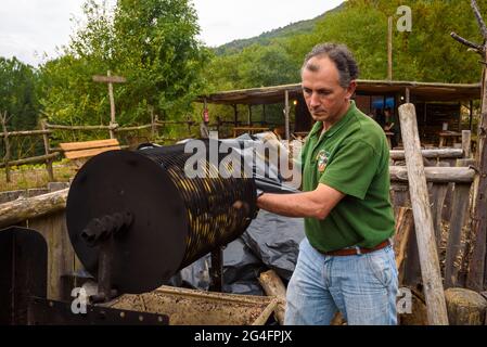 Joaquim Solé cucina le castagne al Viladrau Chestnut Handling Centre (Osona, Catalogna, Spagna) ESP: Joaquim Solé, en el Centro de la Castaña Foto Stock