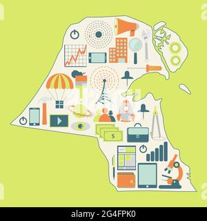 Mappa dei contorni del Kuwait con icone di tecnologia, business, scienza, comunicazione Illustrazione Vettoriale