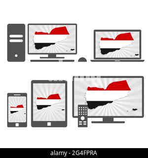 Molti dispositivi multimediali (tablet, pc, cellulare, laptop, smart tv) con la mappa e la bandiera dello Yemen. Illustrazione Vettoriale