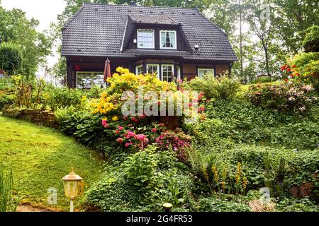 Giardino ben tenuto con arbusti fioriti e cespugli di fronte alla grande casa di lusso con luce da giardino in primo piano Foto Stock