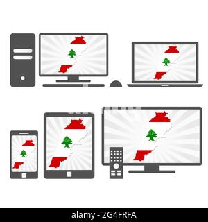 Molti dispositivi multimediali (tablet, pc, cellulare, laptop, smart tv) con la mappa e la bandiera del Libano Illustrazione Vettoriale