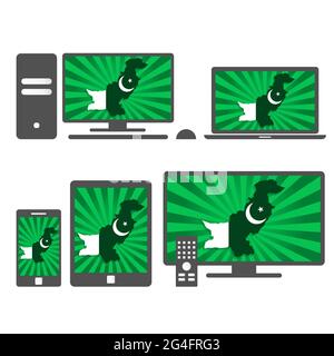 Molti dispositivi multimediali (tablet, pc, cellulare, laptop, smart tv) con la mappa e la bandiera del Pakistan. Illustrazione Vettoriale