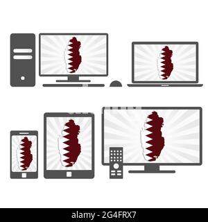 Molti dispositivi multimediali (tablet, pc, cellulare, laptop, smart tv) con la mappa e la bandiera del Qatar. Illustrazione Vettoriale