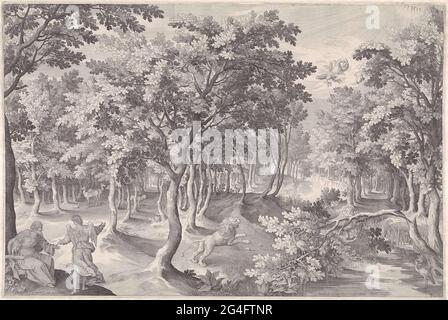 . La quinta visione di Ezra. In una foresta, un leone ruggisce verso il cielo, dove un'aquila ardente si divora con tre teste. A sinistra in primo piano spiega un angelo al profeta Ezra (2 Ezra). Nell'angolo in alto a destra il tetragramma come simbolo di Dio Padre. Foto Stock