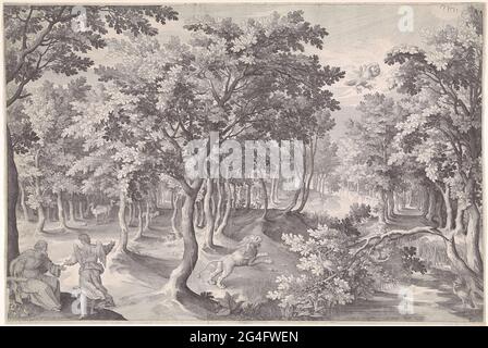 . La quinta visione di Ezra. In una foresta, un leone ruggisce verso il cielo, dove un'aquila ardente si divora con tre tazze. A sinistra in primo piano spiega un angelo al profeta Ezra (2 Ezra). Nell'angolo in alto a destra il tetragramma come simbolo di Dio Padre. Foto Stock