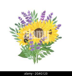 Bouquet di girasole, lavanda, foglie acquerello illustrazione, composizione floreale, impianto estivo simbolo della Provenza francese per il saluto ca Foto Stock