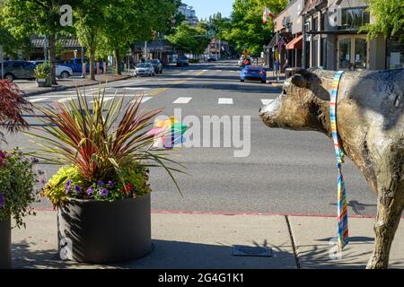 Kirkland, WA, USA - 20 giugno 2021; vista del centro di Kirkland Washington lungo Lake Street. Piantatrice e opere d'arte sono decorate a sostegno di LGBTQ Foto Stock