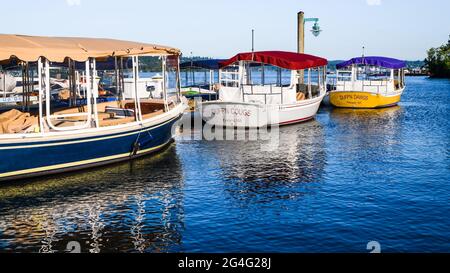 Kirkland, WA, USA - 20 giugno 2021; una collezione di barche elettriche legate sul lungomare di Kirkland. Le navi sono chiamate dopo mascotte del college Foto Stock