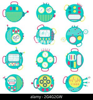 Macchine carine e colorate. Icone rotonde. Fabbrica astratta. Design piatto. Illustrazione Vettoriale