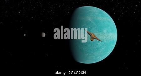 illustrazione 3d di una navicella spaziale che vola da un pianeta blu con due lune nelle profondità dello spazio. Foto Stock