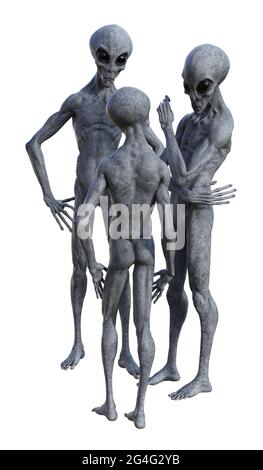 illustrazione 3d di un gruppo di alieni grigi che si levano in piedi intorno a parlare l'uno con l'altro in varie pose isolate su uno sfondo bianco. Foto Stock