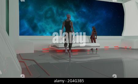 illustrazione 3d di una donna che guarda una finestra di una nebulosa blu con un alieno che cammina verso di lei. Foto Stock