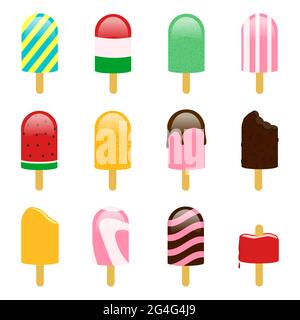 Set di popsicle con diversi sapori (cocomero, cioccolato, fragola, arancio, ecc.) Sfondo bianco. Isolato. Illustrazione Vettoriale