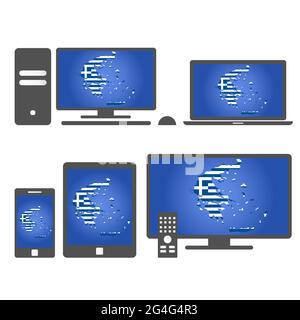 Molti dispositivi multimediali (tablet, pc, cellulare, laptop, smart tv) con la mappa e la bandiera della Grecia Illustrazione Vettoriale