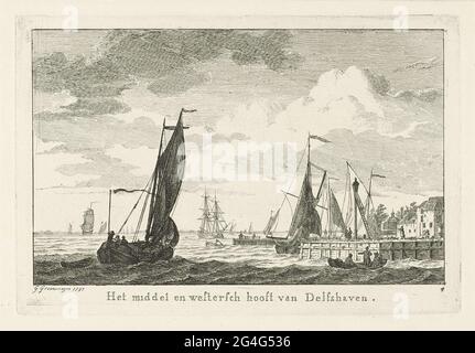 . Vista del Maas e la parte centrale (anteriore) e la parte occidentale del porto (dietro) da Delfshaven, visto da est. In primo piano una barca a remi e una barca a vela. Destra singole barche che giacciono sul molo e due donne che lavano vestiti. Legal under numerato: 4. Questa stampa fa parte di una serie di sei stampe con faccia Maas. Foto Stock
