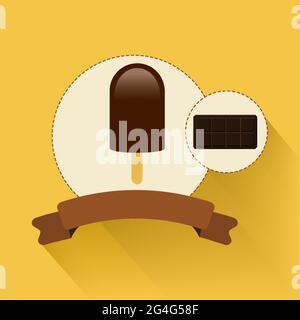 Etichetta di pop-sicle al cioccolato. Con barretta di cioccolato accanto. Ombra lunga. Illustrazione Vettoriale