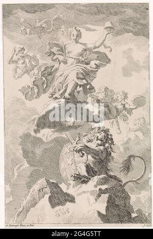 . Nelle nuvole la libertà di personificazione, con uno scettro e il cappello di libertà in mano. È circondata da Putti e Mercurio. Sotto di lei il leone Batavo, con la spada in mano e lo stemma di Amsterdam. La stampa è su un dipinto a soffitto di Gerard de Lairesse ed è parte di una serie di rappresentazioni bibliche, mitologiche e allegoriche. Foto Stock