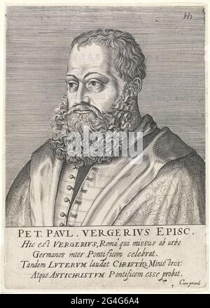 . Busto a sinistra di Pietro Paolo Vergerio. Sotto il ritratto il suo nome e quattro regole in latino. Stampa (parte 1) la serie di ritratti di famosi riformatori. Foto Stock