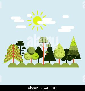 Paesaggio estivo con alberi e pini. Giorno di sole. Design piatto. Illustrazione Vettoriale