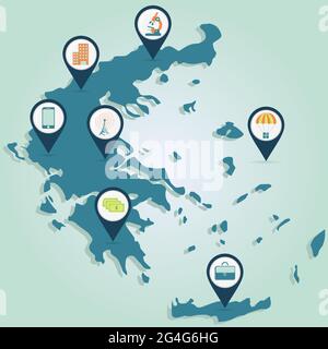 Mappa della Grecia con mappa pin di business e tecnologia Illustrazione Vettoriale