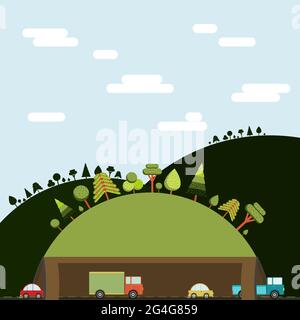 Automobili e camion attraverso il tunnel. Scenario con montagne, alberi e cielo blu. Design piatto. Illustrazione Vettoriale