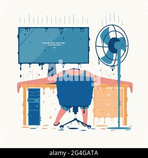 Una persona che lavora in un luogo caldo di un computer utilizzando un ventilatore a casa o in ufficio. Illustrazione vettoriale. Illustrazione Vettoriale