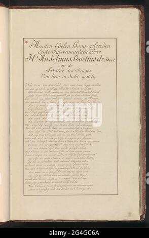 Drofted su Anselmus de Bijt (primo foglio); Aenden nobilita altamente studiosi e hejt-Vermaerden Lord HR. Anselmus Boëtius la barca, sulla Baene des Deugs da lui. Lofted su Anselmus de Bijt su cinque fogli (primo foglio). Parte del primo album con disegni di amici a quattro zampe. Primo di dodici album con disegni di animali, uccelli e piante conosciuti intorno al 1600, realizzati dall'imperatore Rudolf II Con spiegazione in olandese, latino e francese. Foto Stock