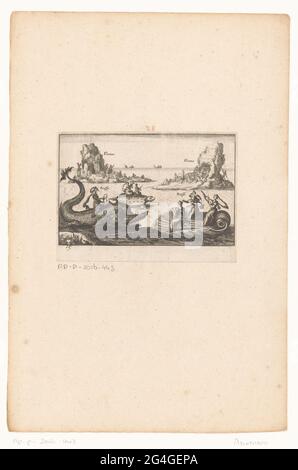 Dea su tartaruga, delfino e conchiglia; navi Argonaut per la lotta all'Arno durante la festa nuziale di Cosimo II i 'Medici a Firenze nel 1608; le Magnifique Carousel Fait sur le Fleuve de l'Arne à Florence pour le Mariage du Grand Duc. Le dea musicista si siedono su una tartaruga, un delfino e una conchiglia. Sullo sfondo due rocce con figure. Foto Stock