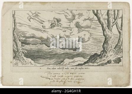 . Juno nel suo carro, seguito da due pavoni, ritorna all'Olimpo sull'oceano. Composizione fiancheggiata da due alberi a destra e a sinistra. Al posteriore esercizi di calligraphy curly. Dodicesima stampa in serie di dodici. Foto Stock