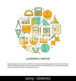 Banner matematico di apprendimento in stile linea con posto per il testo. Illustrazione vettoriale. Illustrazione Vettoriale
