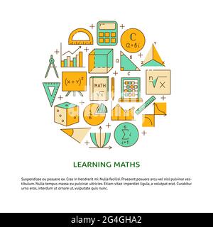 Banner matematico di apprendimento in stile linea con posto per il testo. Illustrazione vettoriale. Illustrazione Vettoriale