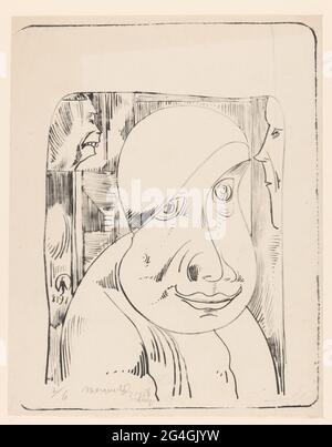 Fantasy: Testa da uomo con cappello accovacciato, metà sull'occhio destro. Testa da uomo con cappello accovacciato, metà sull'occhio destro. Foto Stock