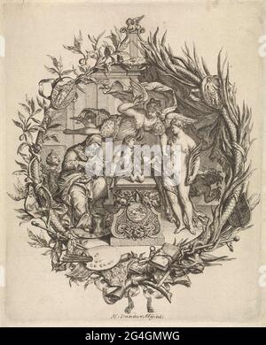 . Spettacolo allegorico nelle arti. Al centro un altare con due cuori brucianti su di esso, dietro una donna con una torcia. Sopra vola una donna alata, forse fama, il suo accappatoio decora con occhi e orecchie. A destra la verità, una donna con un sole sul petto e un ramo di palma in mano. Dopo di lei, invidia tira i tubi dalla testa. A sinistra la storia, una vecchia donna, leggendo in un libro, il suo piede su una clessidra alata. Dietro di lei un carenatore. Lo spettacolo è stato catturato in un elenco elegante, composto da un tubo flessibile e vari attributi, tra cui tavolozza di pittura, bastone di vernice, spartiti, strumentume musicale Foto Stock