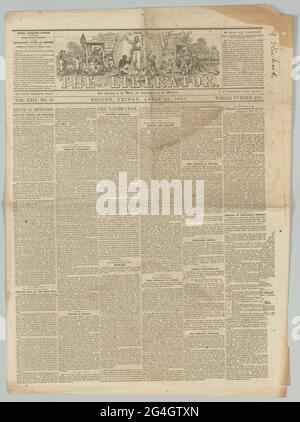 Una copia del giornale abolizionista The Liberator, Vol.XXIV, n. 16 del 21 aprile 1854. La carta viene stampata su un singolo foglio di carta bi-piegato con testo stampato sulla parte anteriore e posteriore delle quattro (4) pagine. Il nome "E. Richards" è scritto a mano in inchiostro nero verticalmente nella parte superiore destra di fronte al lato della prima pagina. Foto Stock