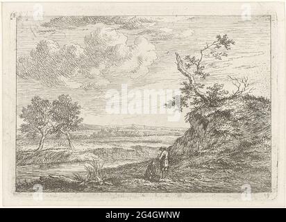 . Paesaggio con due pescatori su un fiume. Uno in piedi con una canna da pesca, visto sul retro. In basso a destra: 19. Stampa da una serie con paesaggi. Foto Stock