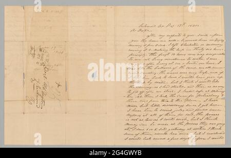 Questa lettera è stata scritta a Richmond, Virginia, il 19 dicembre 1840 da T. Heatherly al dottor M. C. Taylor a Richmond, Kentucky. La lettera illustra in dettaglio il viaggio di Heatherly in nave e treno da Charleston, Carolina del Sud, a Richmond, Virginia. Parla di un conoscente che ha perso denaro attraverso un gioco di carte storte. Alla fine della lettera, egli elenca le attuali fasce di prezzo per i giovani adulti asserviti e le giovani donne adulte asservite e nota: "Le giovani donne stanno prelevando un prezzo migliore di qualsiasi altra descrizione." Egli continua: "Penso di trattare in donne e bambini che sarà ver Foto Stock