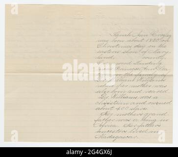 Un documento scritto a mano scritto in inchiostro nero su carta rigata. La scrittura si trova sulla parte anteriore e interna della carta, che viene piegata a metà. Questo sembra essere un aggiornamento dell'originale di una biografia del 1884, contenente correzioni ortografiche e grammaticali e una nuova data di febbraio 1885. Il documento è una breve biografia di Sarah Ann Blunt Crozely. Foto Stock
