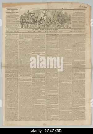 Una copia del giornale abolizionista The Liberator, Vol.XXV, n. 47 del 23 novembre 1855. La carta viene stampata su un singolo foglio di carta bi-piegato con testo stampato sulla parte anteriore e posteriore delle quattro (4) pagine. Il nome "E. Richards" è scritto a mano in inchiostro nero nell'angolo superiore destro rivolto verso la prima pagina. Foto Stock