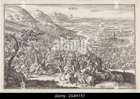 . La liberazione di Vienna da parte dell'esercito del re polacco Jan Sobieski nel 1683. La città di Vienna è circondata dai campi militari delle due parti. In primo piano combatté tra gli ottomani e l'esercito delle potenze unite tedesche, polacche e austriache. In alto a destra numerato: Fol. 76. Foto Stock