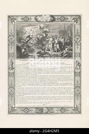 . Stampa con una rappresentazione allegorica apparsa per una di queste filosofia di Monsieur Brillon de Jouw, il 25 luglio 1707. Un gruppo di filosofi, guidati da Descartes e dalla filosofia personalizzata, guardando la verità. È circondata dalla luce ed è accompagnata dal tempo del padre e da minerva. Una citazione biblica in latino nel margine. Sotto la mostra un testo in francese. Il tutto è decorato con una cornice ornamentale in cui teoria e pratica. Foto Stock