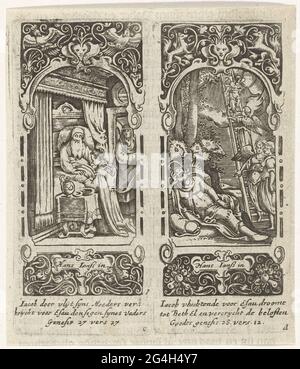 . Due stampe su una foglia in cornice ornamentale. Link Isacco che giace a letto e dà suo figlio Giacobbe che si inginocchia accanto al letto. Rebecca (Gen. 27:27) si trova nella porta. Sulla destra un Giacobbe addormentato e quattro angeli che discendono attraverso una scala dal cielo (gene. 28:12). Nella didascalia margini in olandese. Terza e quarta stampa (c e d) di una serie di sei con scene della vita di Giacobbe. Foto Stock