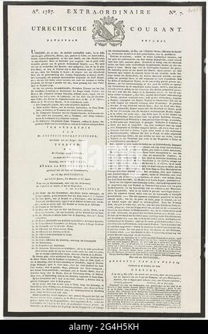 . Episodio n. 7 del Courant Extra-Ordinario di Utrecht del 17 maggio 1787 con una relazione del funerale di Cornelis Govert Visscher (Dissel nella lotta a Vreeswijk il 9 maggio) a Utrecht il 15 maggio 1787. Foglio stampato con bordi lurning neri, testo in due colonne, in cima ad un marciapiede cittadino di Utrecht. Foto Stock